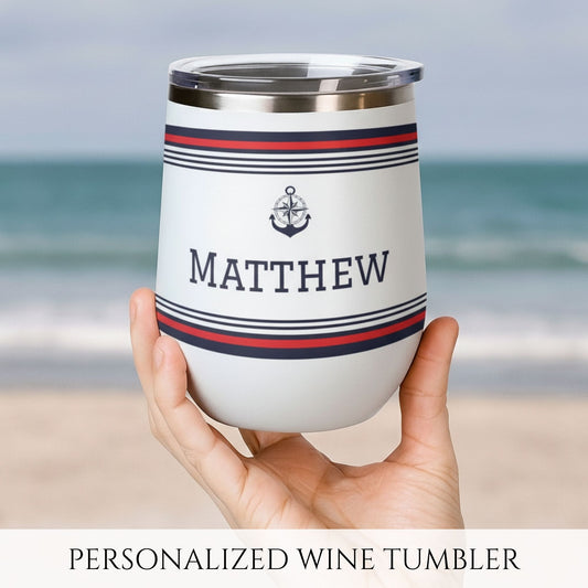 Personalized Nautical Wine Tumbler - Anchor & Compass Stainless Steel 12oz