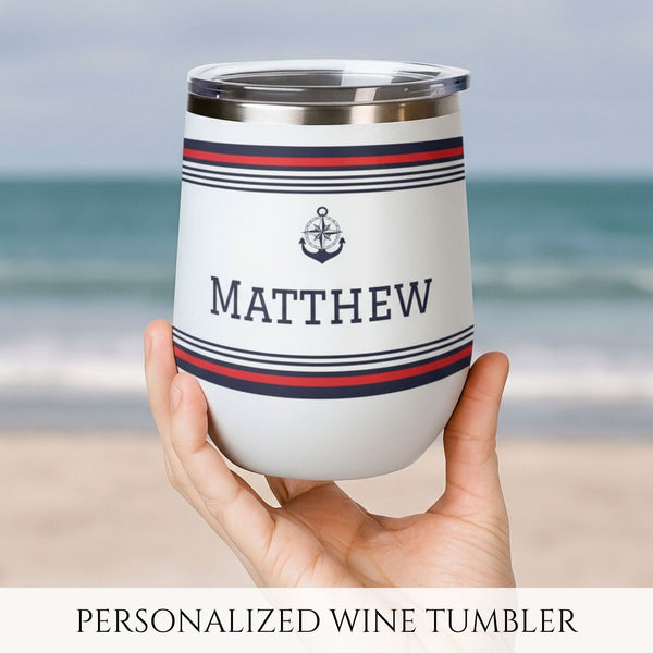 Personalized Nautical Wine Tumbler - Anchor & Compass Stainless Steel 12oz