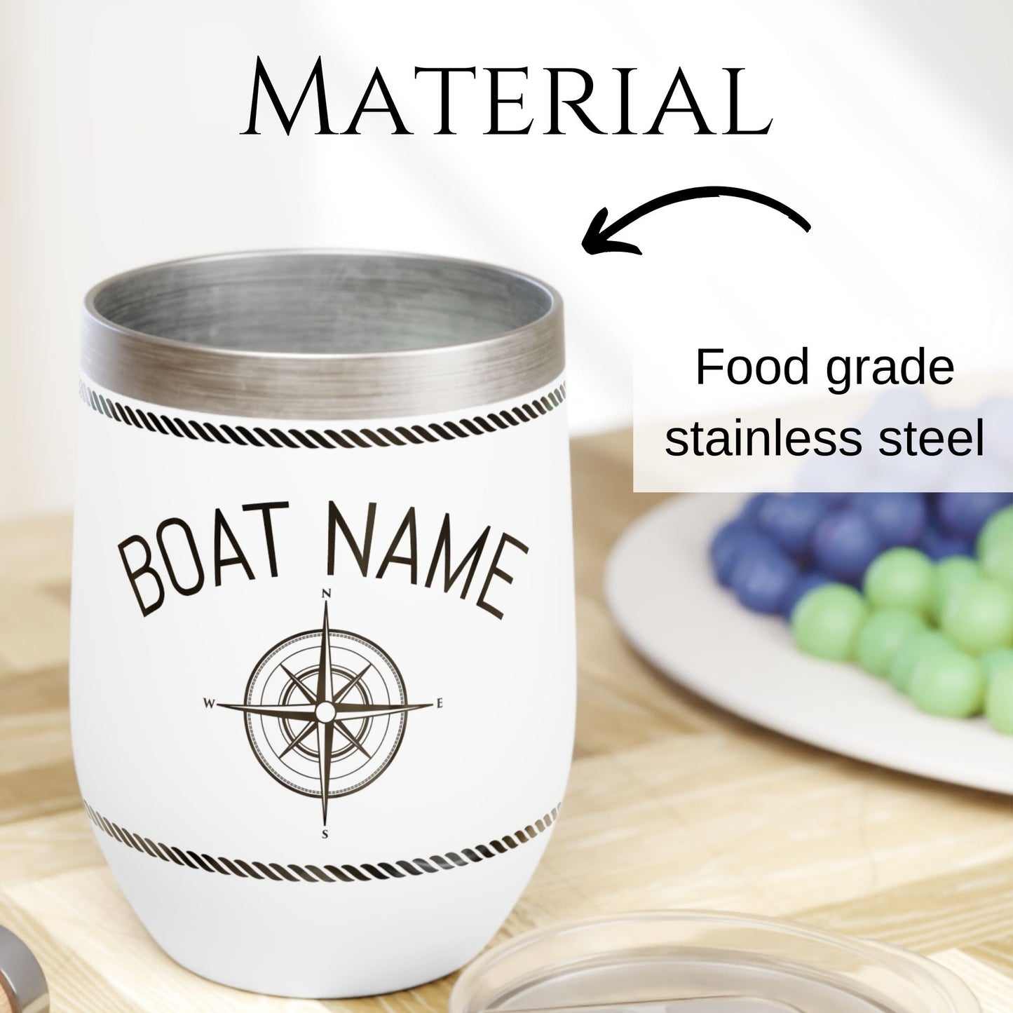 Compass Wine Tumbler - Nautical Rope Border Stainless Steel 12oz