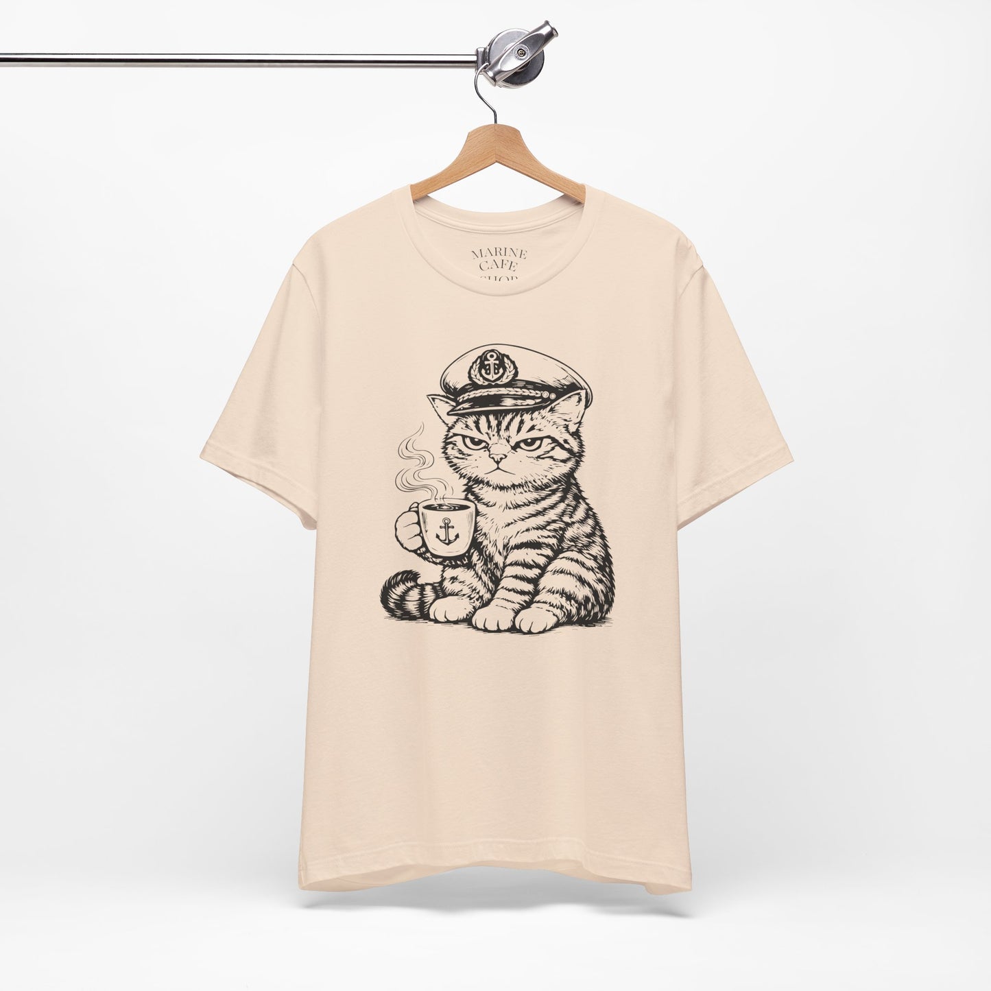 Nautical Cat T-Shirt with Coffee Mug and Captain Hat