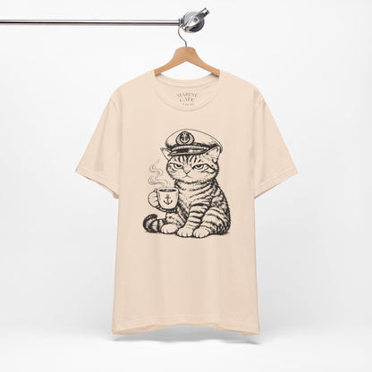 Nautical Cat T-Shirt with Coffee Mug and Captain Hat