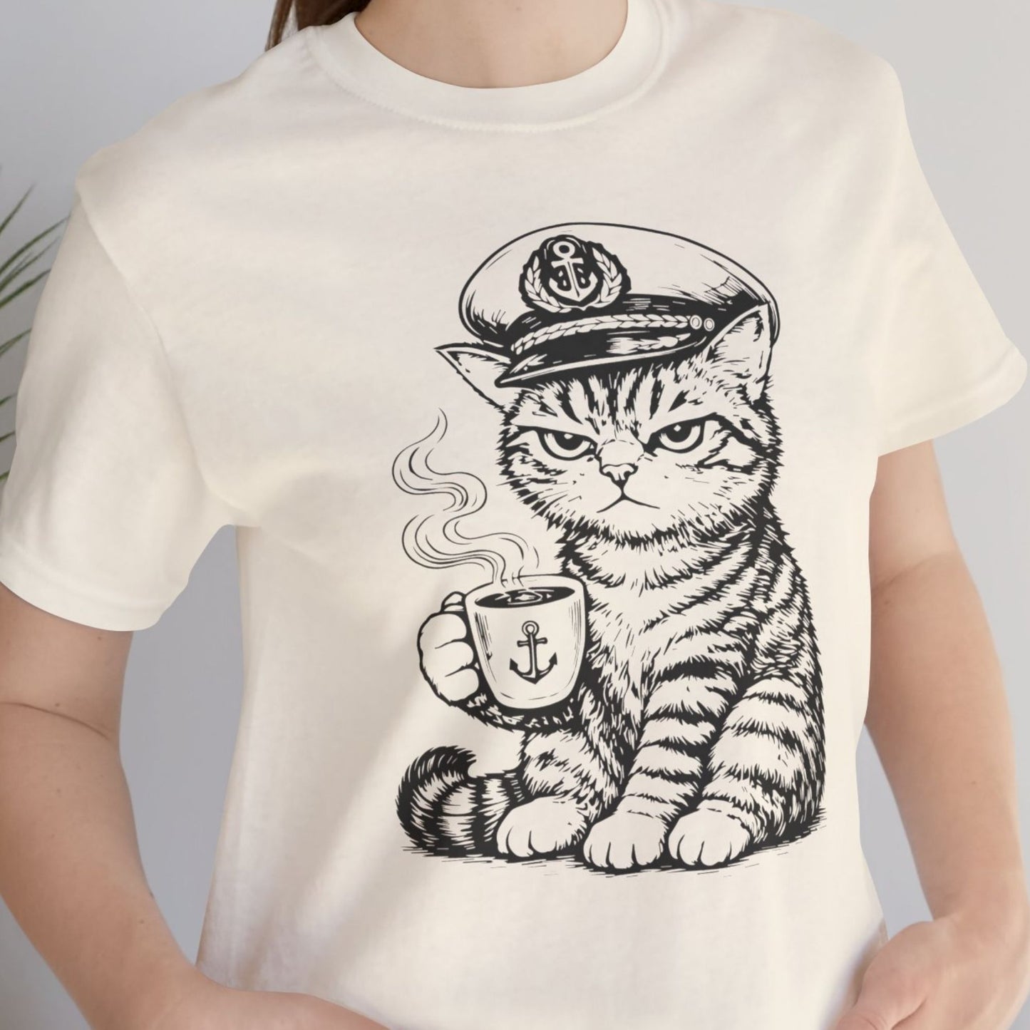 Nautical Cat T-Shirt with Coffee Mug and Captain Hat
