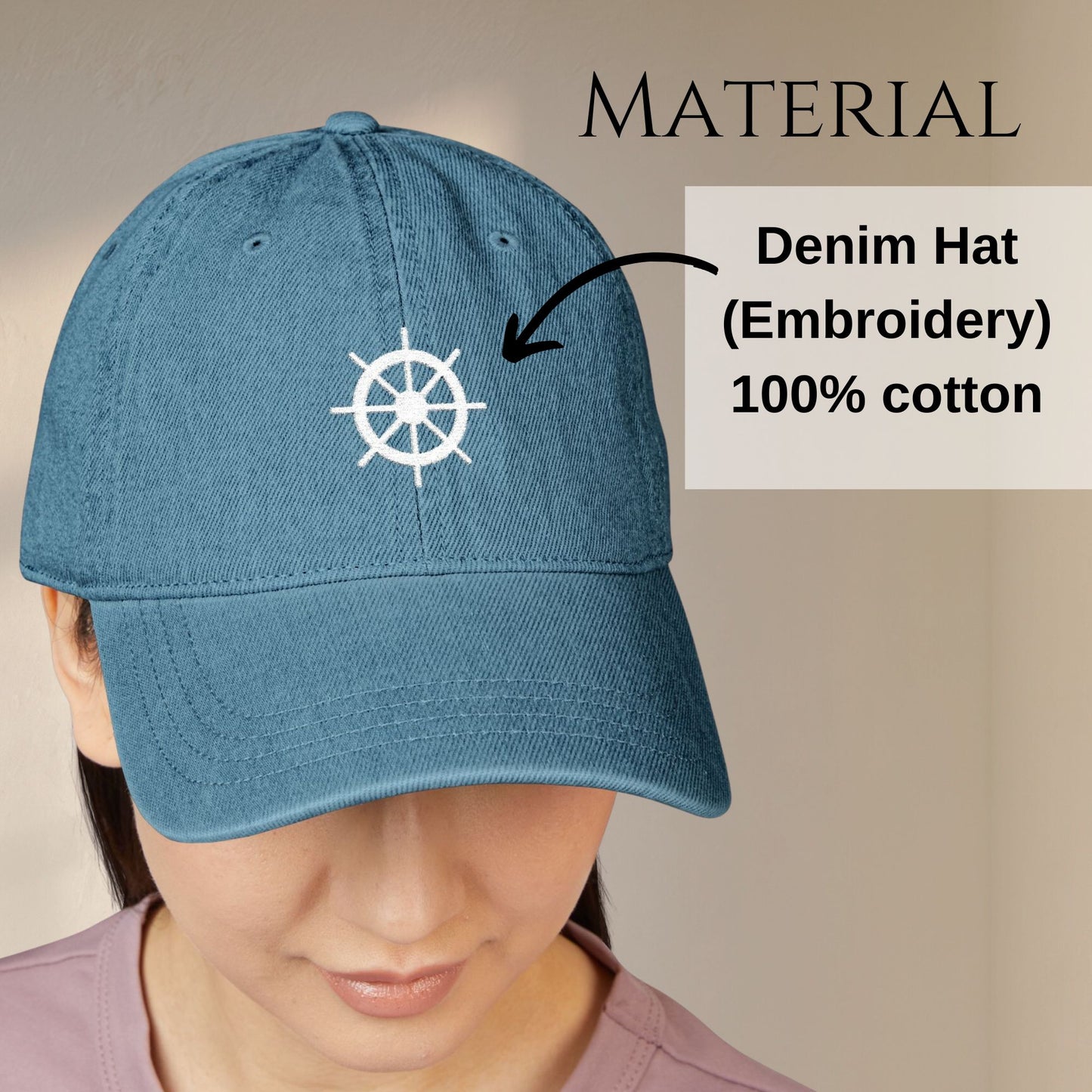 Ship Wheel Embroidered Nautical Denim Hat