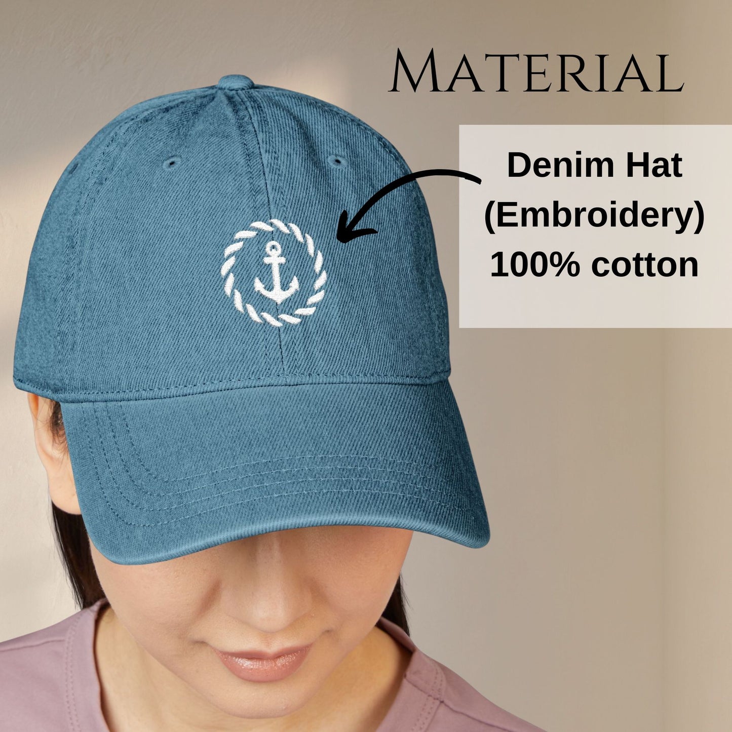 Anchor with Rope Embroidered Nautical Denim Hat