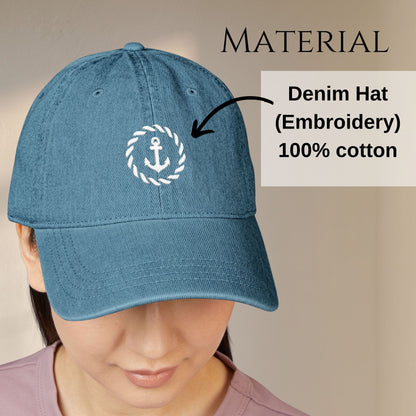 Anchor with Rope Embroidered Nautical Denim Hat