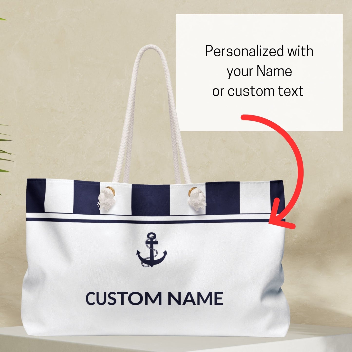 White Nautical Weekender Bag with Navy Blue Stripes and Anchor