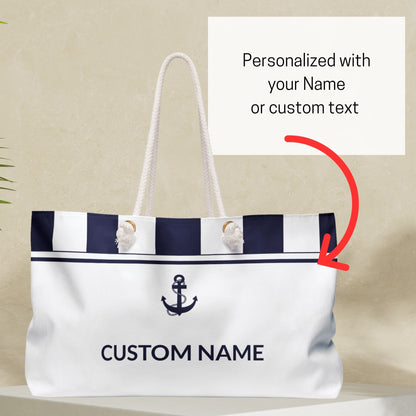 White Nautical Weekender Bag with Navy Blue Stripes and Anchor