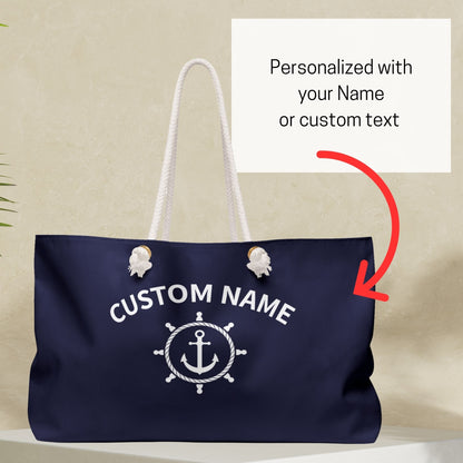 Navy Blue Nautical Weekender Bag with Ship Wheel and Anchor