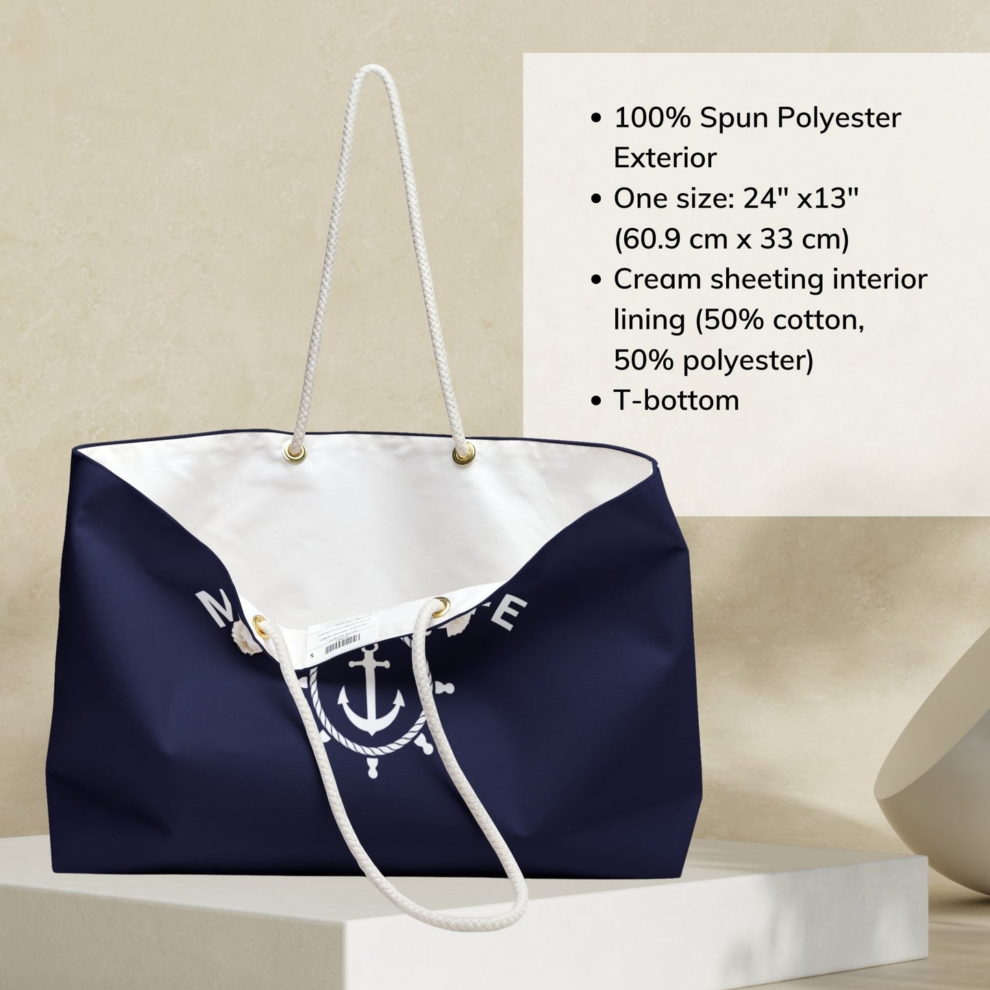 Navy Blue Nautical Weekender Bag with Ship Wheel and Anchor
