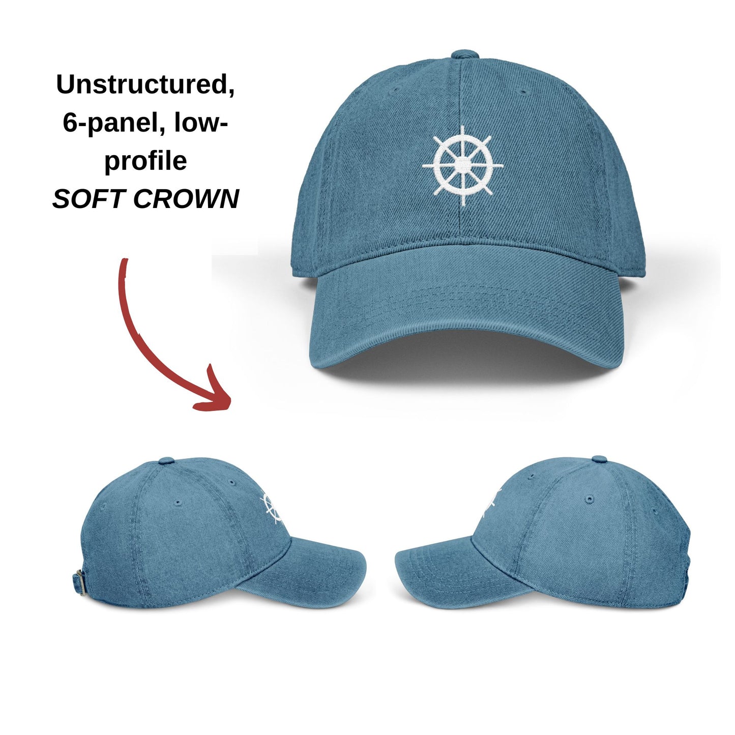 Ship Wheel Embroidered Nautical Denim Hat