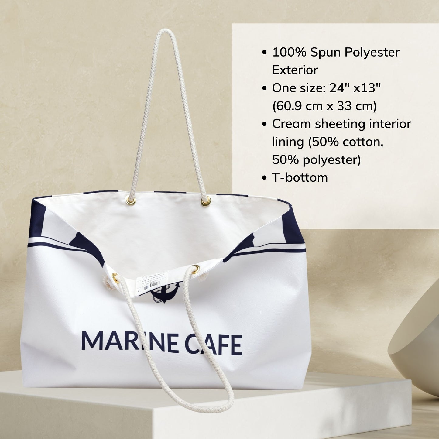 White Nautical Weekender Bag with Navy Blue Stripes and Anchor