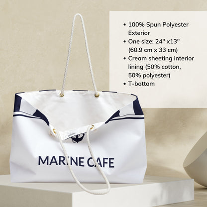 White Nautical Weekender Bag with Navy Blue Stripes and Anchor