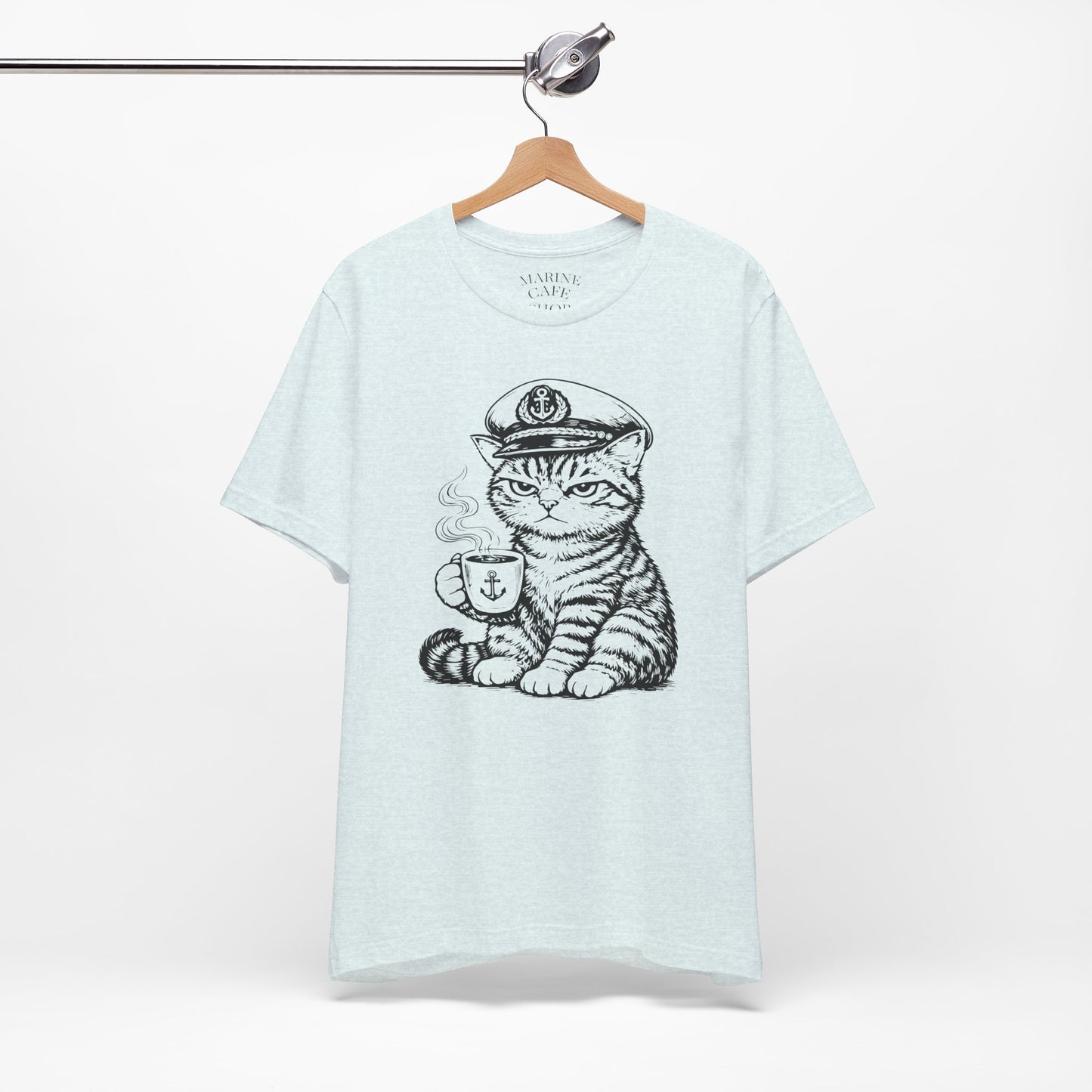 Nautical Cat T-Shirt with Coffee Mug and Captain Hat