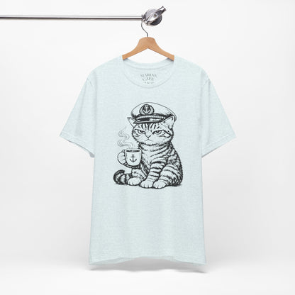Nautical Cat T-Shirt with Coffee Mug and Captain Hat