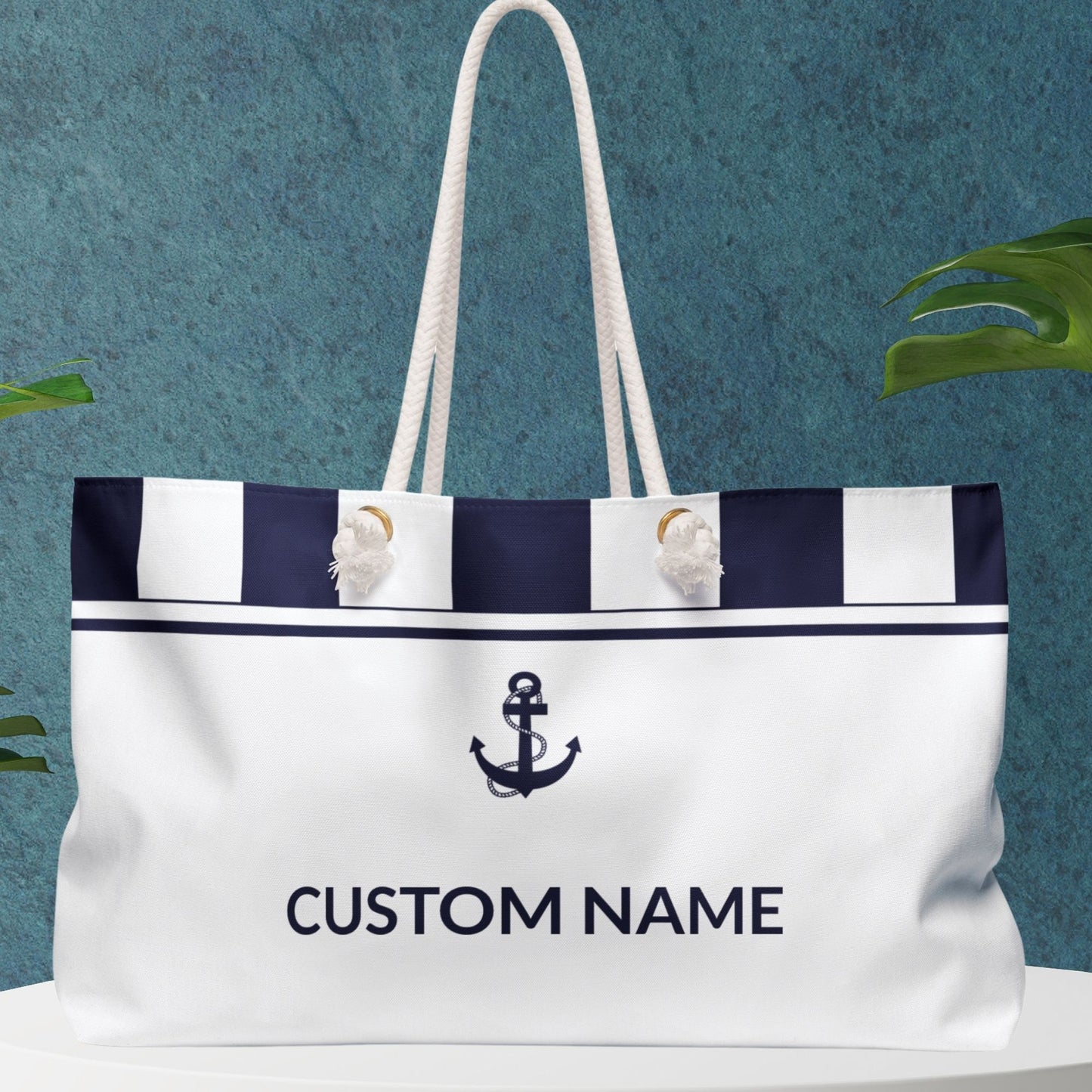 White Nautical Weekender Bag with Navy Blue Stripes and Anchor