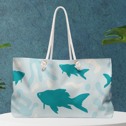 Light Blue Coastal Weekender Bag with Fish and Coral Print