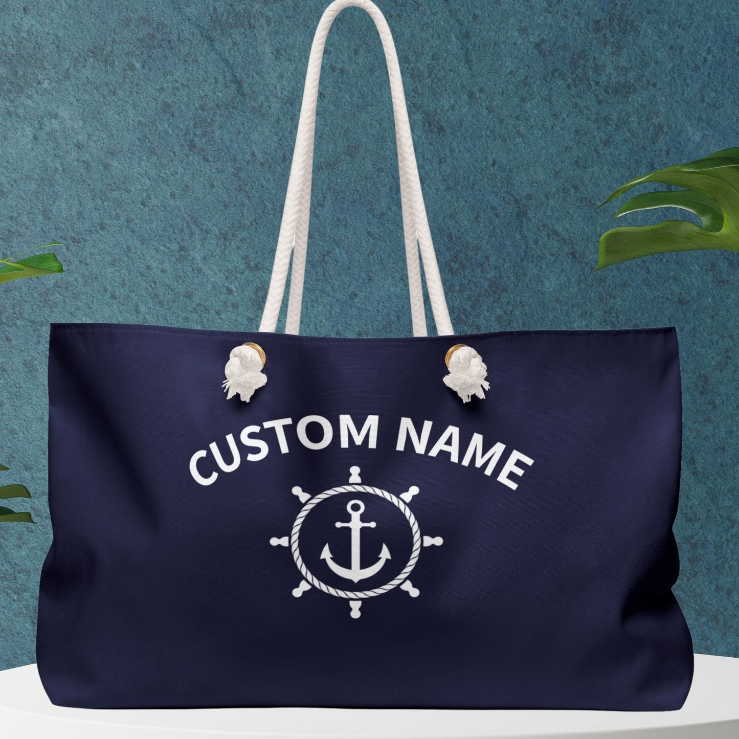 Navy Blue Nautical Weekender Bag with Ship Wheel and Anchor