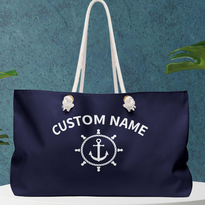 Navy Blue Nautical Weekender Bag with Ship Wheel and Anchor