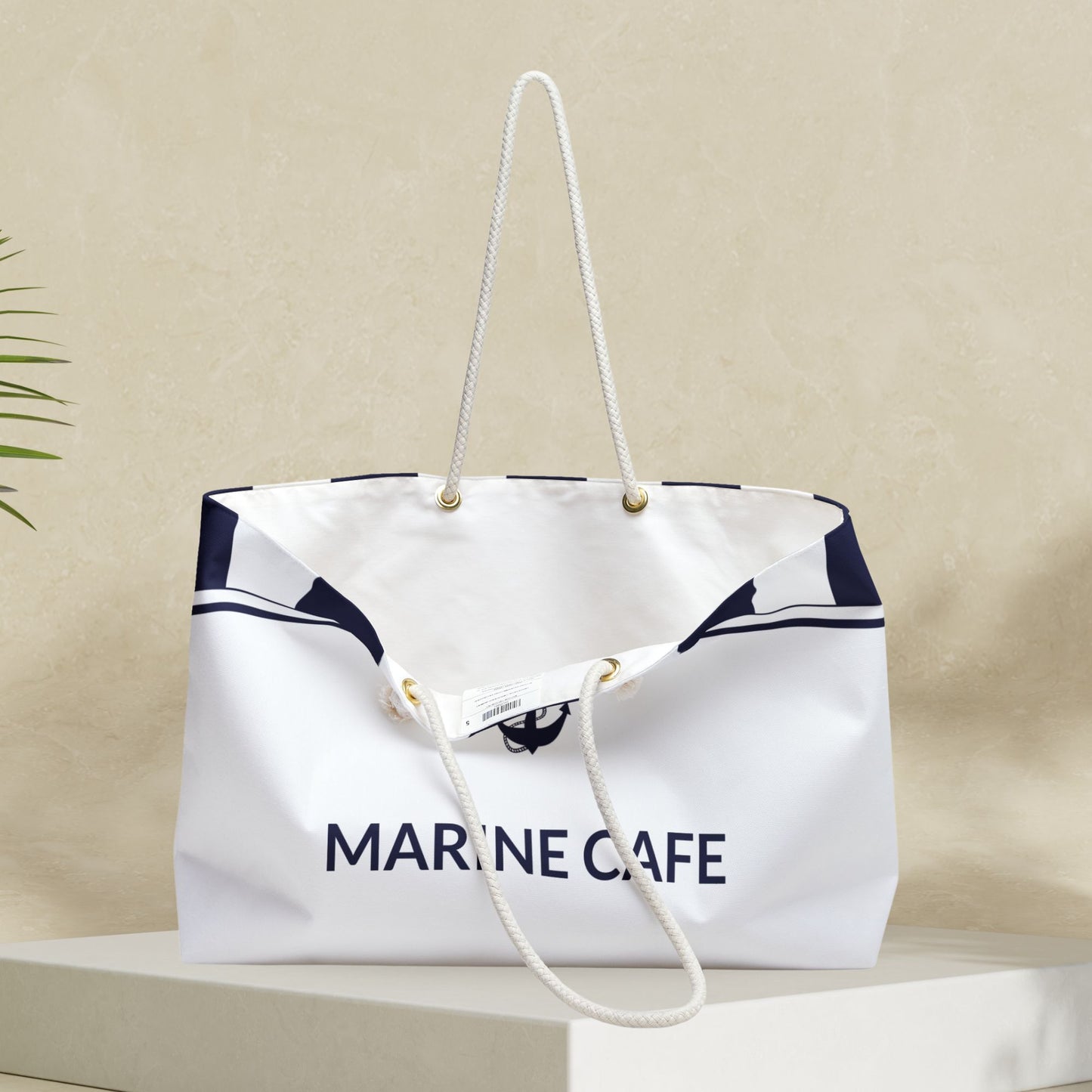 White Nautical Weekender Bag with Navy Blue Stripes and Anchor