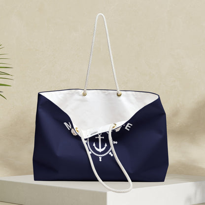 Navy Blue Nautical Weekender Bag with Ship Wheel and Anchor