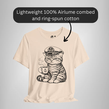 Nautical Cat T-Shirt with Coffee Mug and Captain Hat
