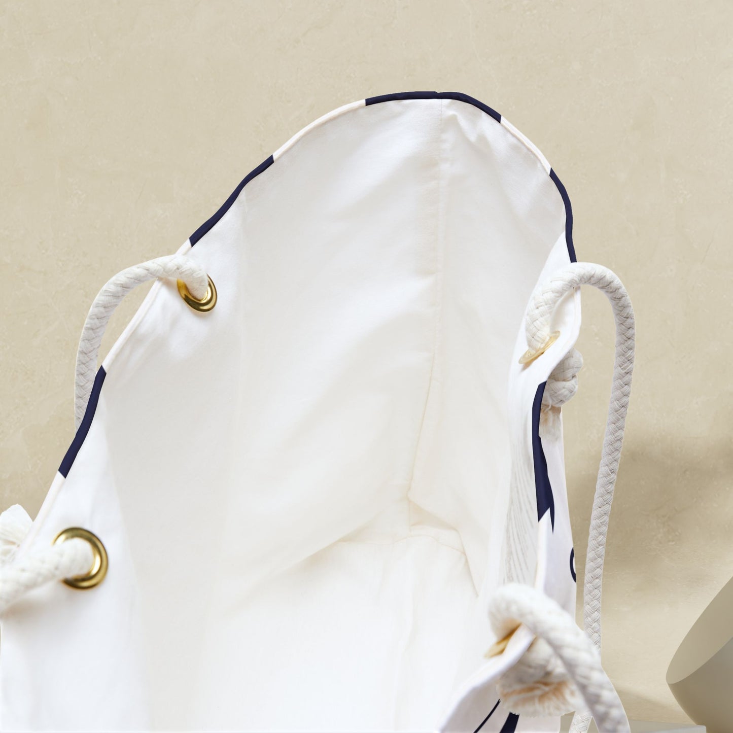 White Nautical Weekender Bag with Navy Blue Stripes and Anchor