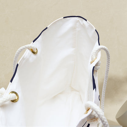 White Nautical Weekender Bag with Navy Blue Stripes and Anchor
