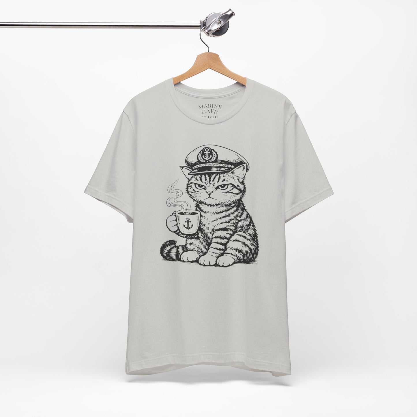 Nautical Cat T-Shirt with Coffee Mug and Captain Hat