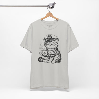 Nautical Cat T-Shirt with Coffee Mug and Captain Hat