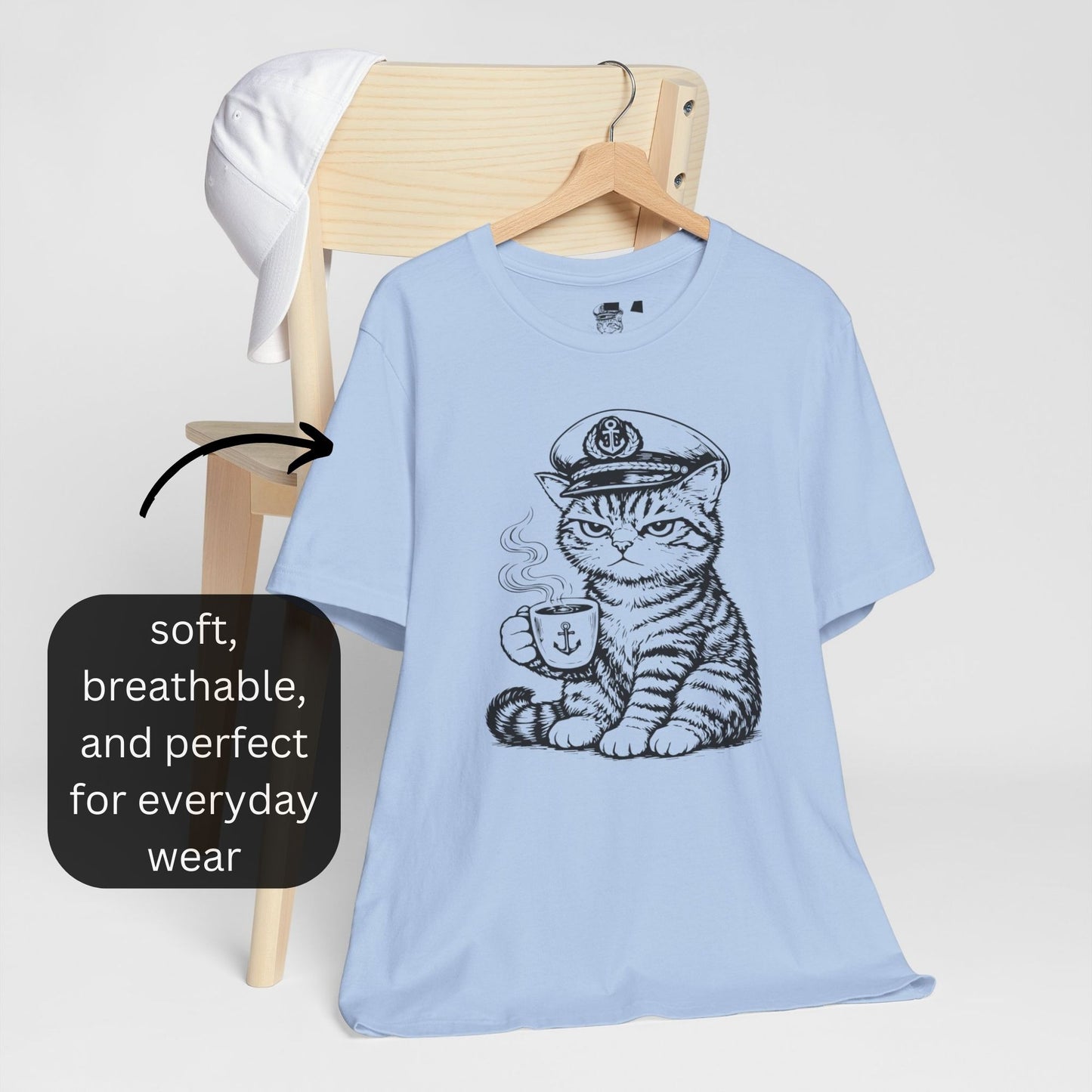 Nautical Cat T-Shirt with Coffee Mug and Captain Hat