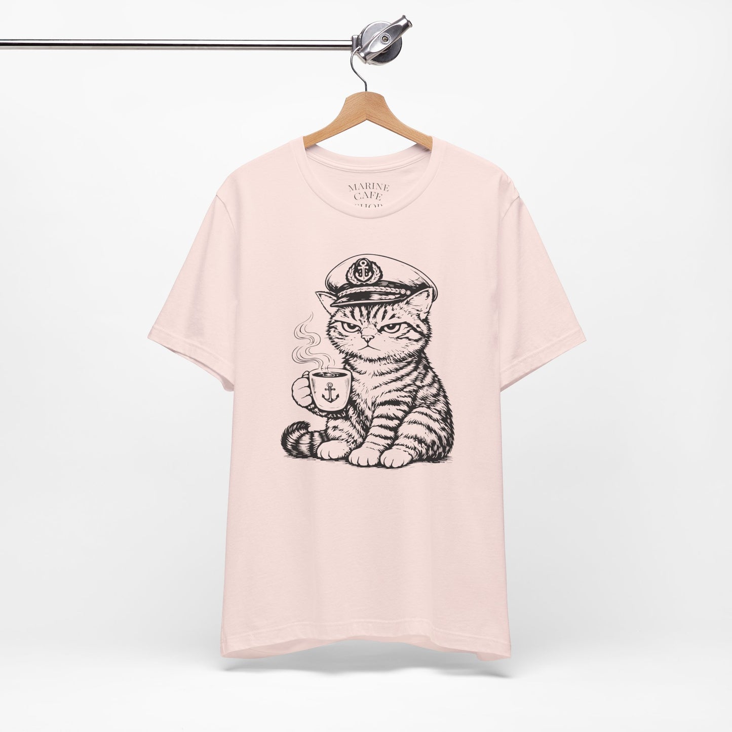 Nautical Cat T-Shirt with Coffee Mug and Captain Hat