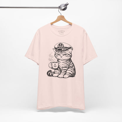 Nautical Cat T-Shirt with Coffee Mug and Captain Hat