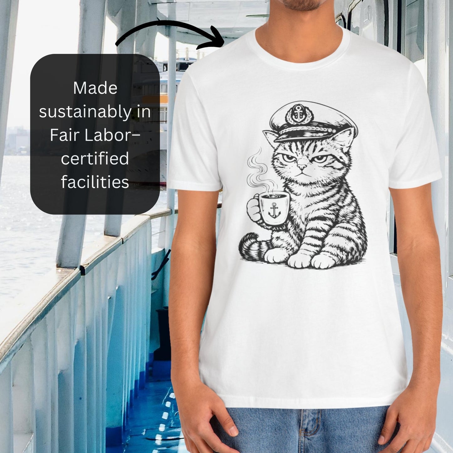 Nautical Cat T-Shirt with Coffee Mug and Captain Hat