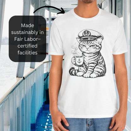 Nautical Cat T-Shirt with Coffee Mug and Captain Hat